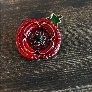 Red Poppy Flower Brooch with Green Stem Accent